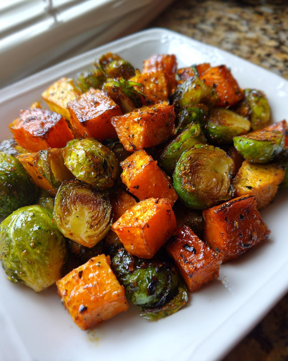 Close-up of glistening Maple Roasted Thanksgiving Veggies featuring caramelized Brussels sprouts and sweet potatoes.