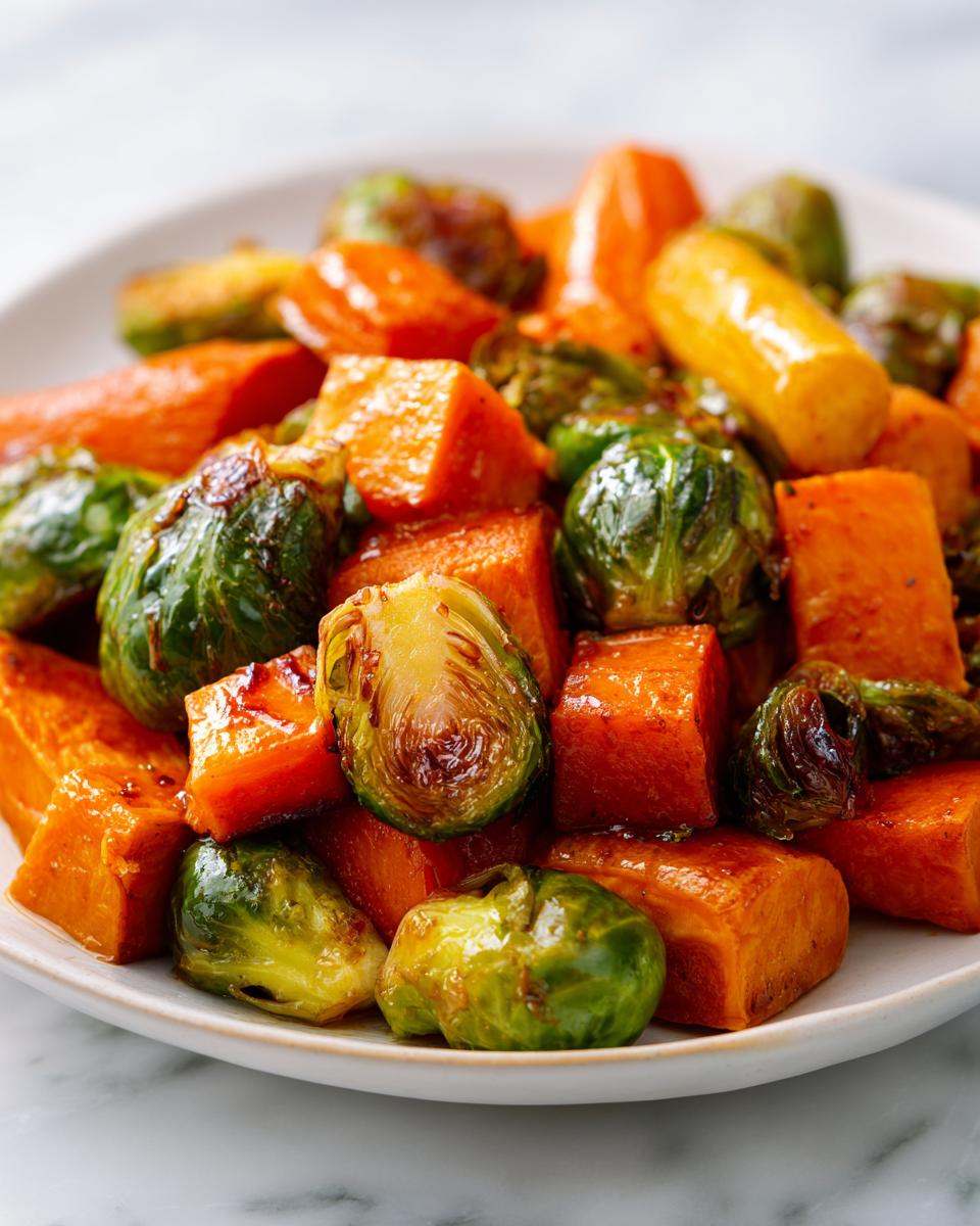 Close-up of glossy, caramelized Maple Roasted Thanksgiving Veggies featuring bright orange sweet potatoes and halved Brussels sprouts.