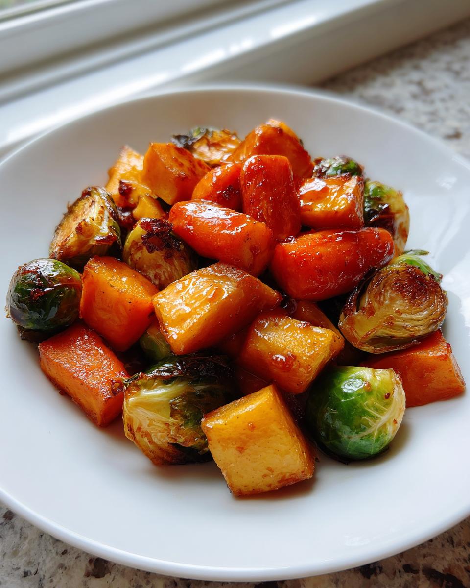 Close-up of glazed sweet potatoes and roasted Brussels sprouts, showcasing Maple Roasted Thanksgiving Veggies.