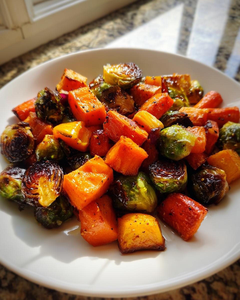A white plate filled with caramelized Maple Roasted Thanksgiving Veggies, including roasted sweet potatoes and Brussels sprouts.
