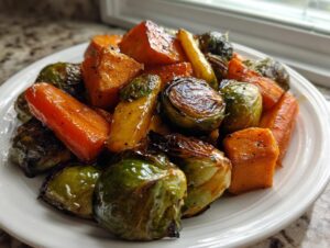 A plate of glistening Maple Roasted Thanksgiving Veggies featuring caramelized Brussels sprouts and chunks of sweet potato and carrots.
