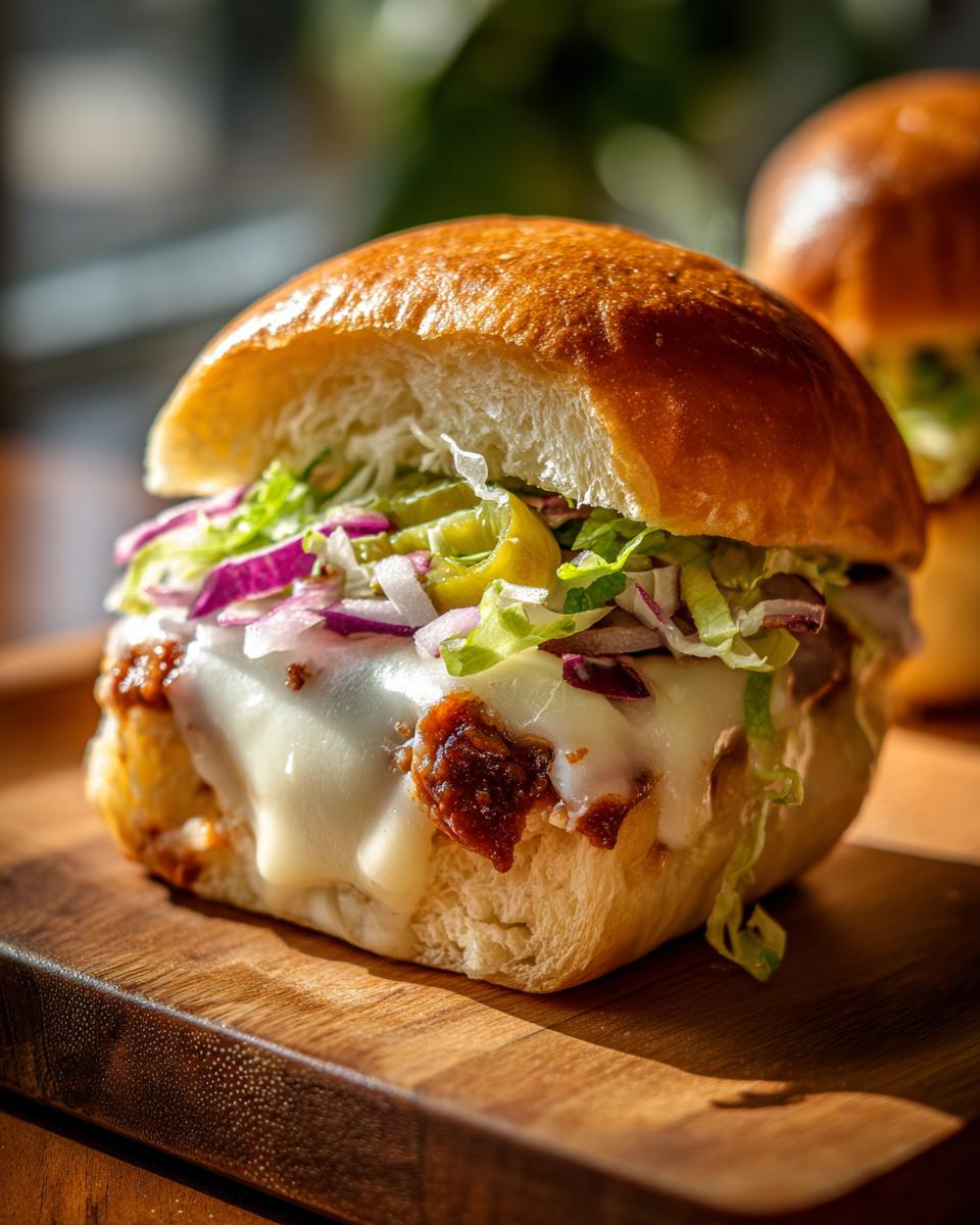 Close-up of a juicy grinder slider featuring melted white cheese, shredded lettuce, red onion, and peppers on a soft bun.