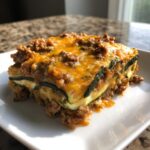 A close-up of a square serving of Mexican Zucchini Casserole layered with zucchini slices, seasoned ground meat, and melted cheddar cheese.