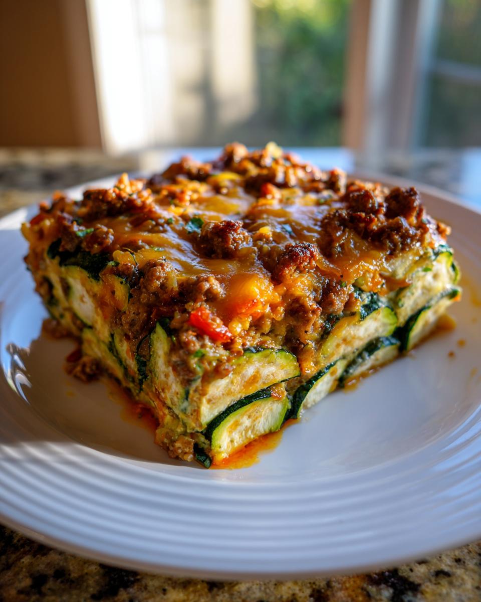 A square slice of Mexican Zucchini Casserole layered with zucchini, meat, and melted cheese, served on a white plate.