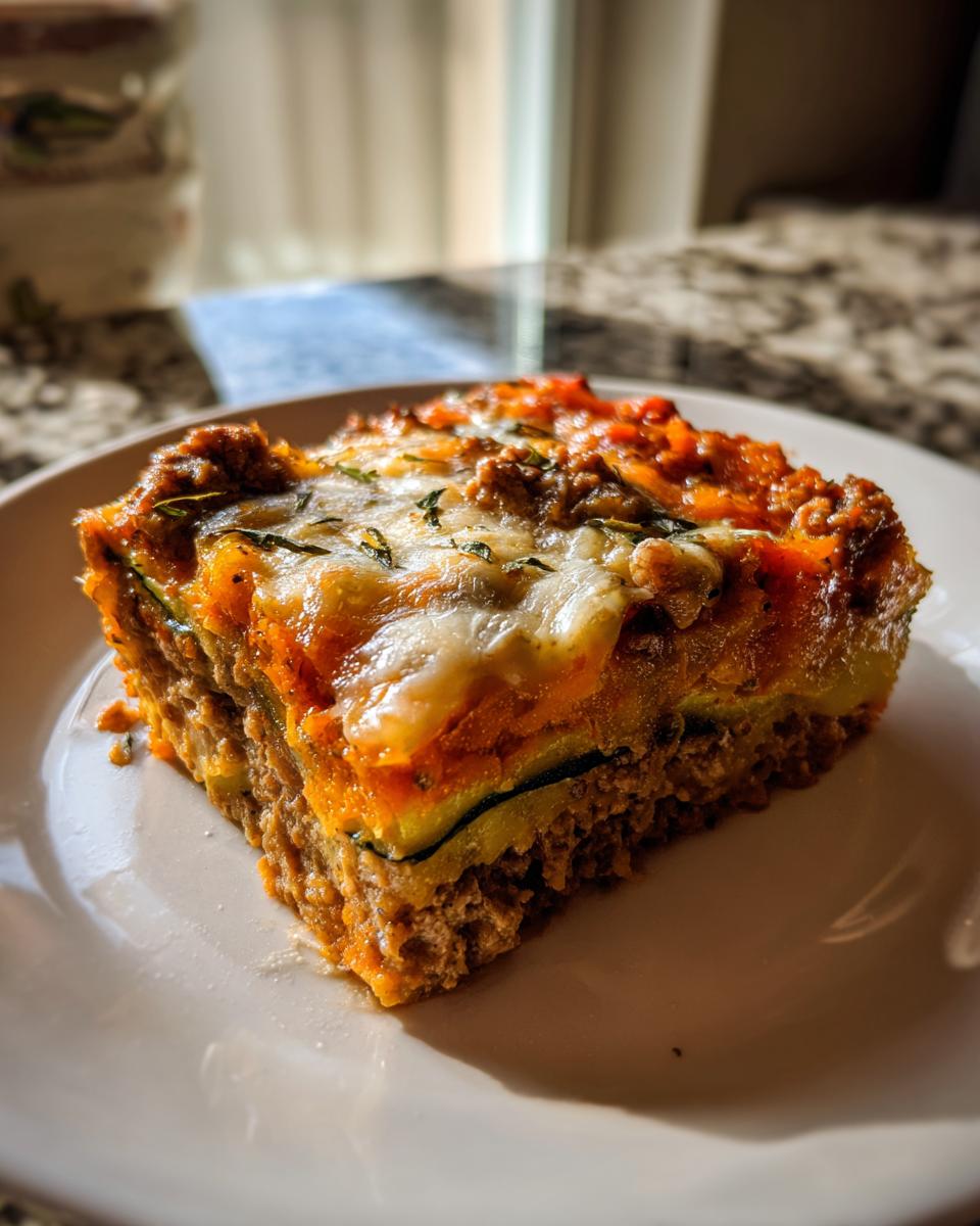 A close-up slice of Mexican Zucchini Casserole layered with meat, zucchini, sauce, and melted cheese on a white plate.