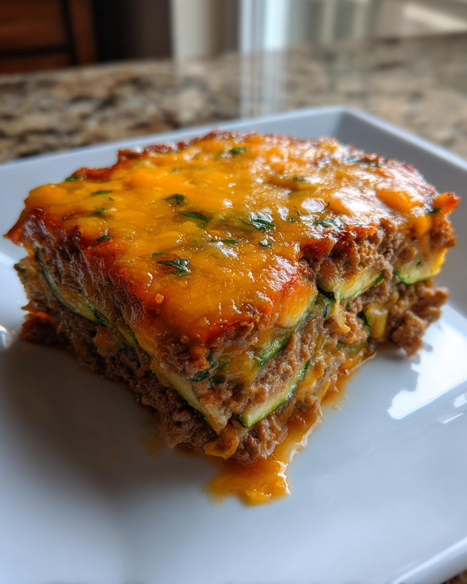 Close-up of a square slice of Mexican Zucchini Casserole layered with meat and zucchini, topped with melted orange cheese.