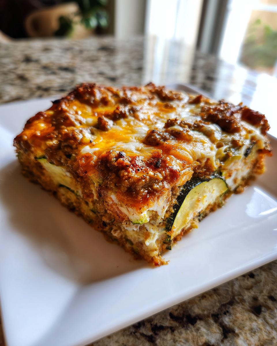 A square slice of baked Mexican Zucchini Casserole showing layers of zucchini and a browned, cheesy meat topping.