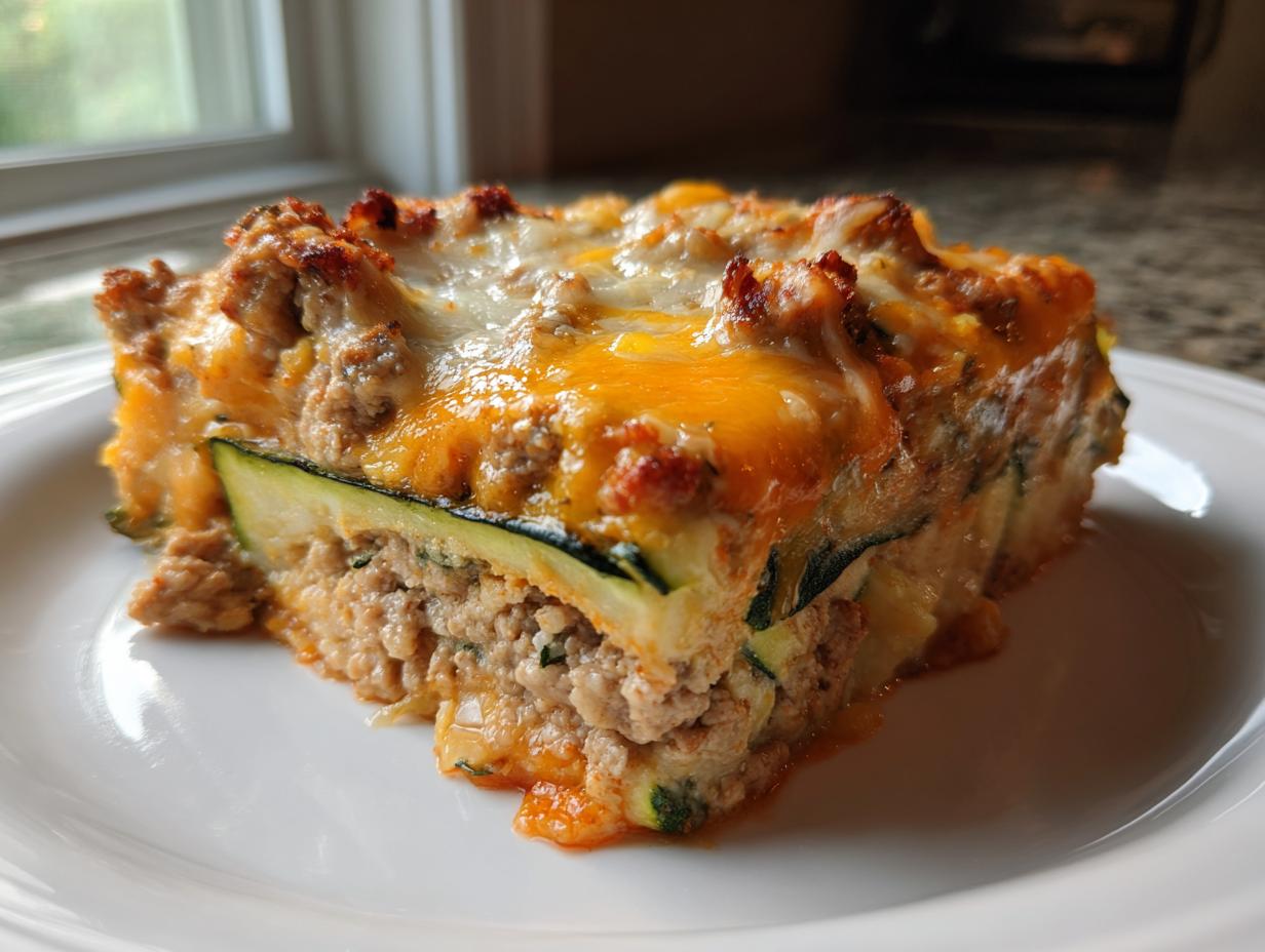 A square serving of Mexican Zucchini Casserole layered with ground meat, zucchini slices, and topped with melted orange and white cheese.