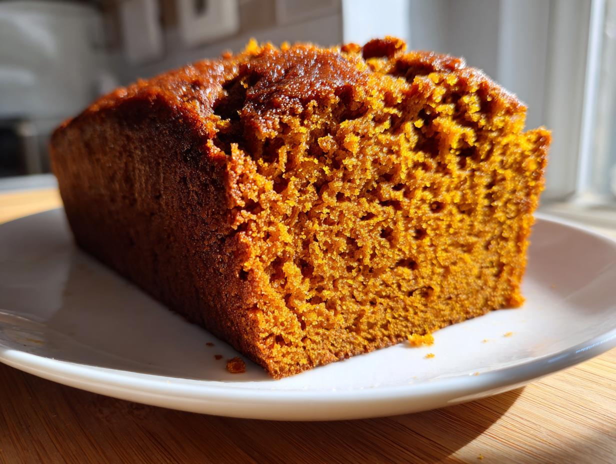 Close-up of a thick slice of moist Sweet Potato Cinnamon Bread showing its rich orange color and soft crumb texture.