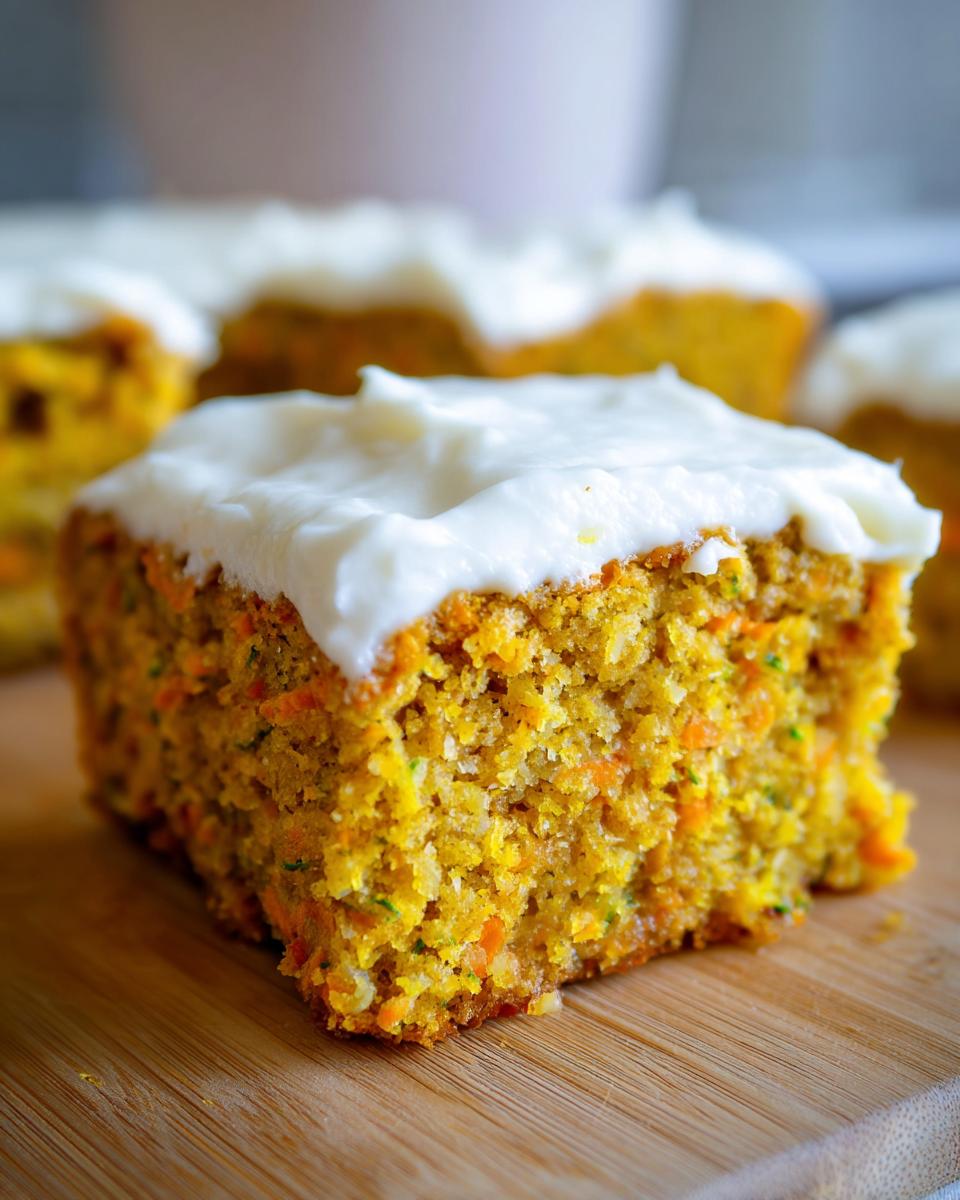 Close-up of a moist square slice of Zucchini Carrot Bars recipe topped with thick white cream cheese frosting.