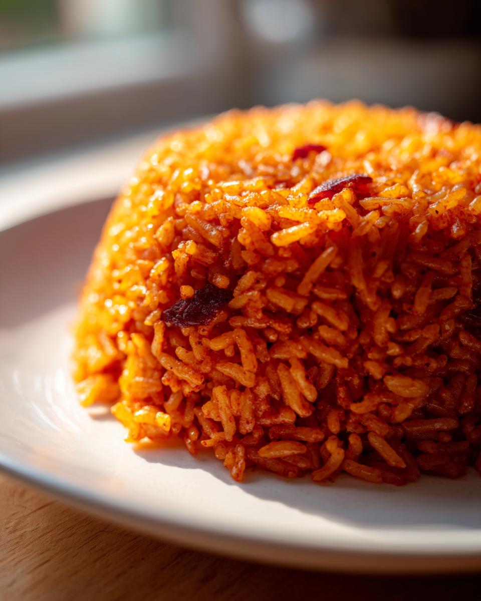 Close-up of a molded serving of vibrant orange-red jollof rice on a white plate, glistening in the sunlight.
