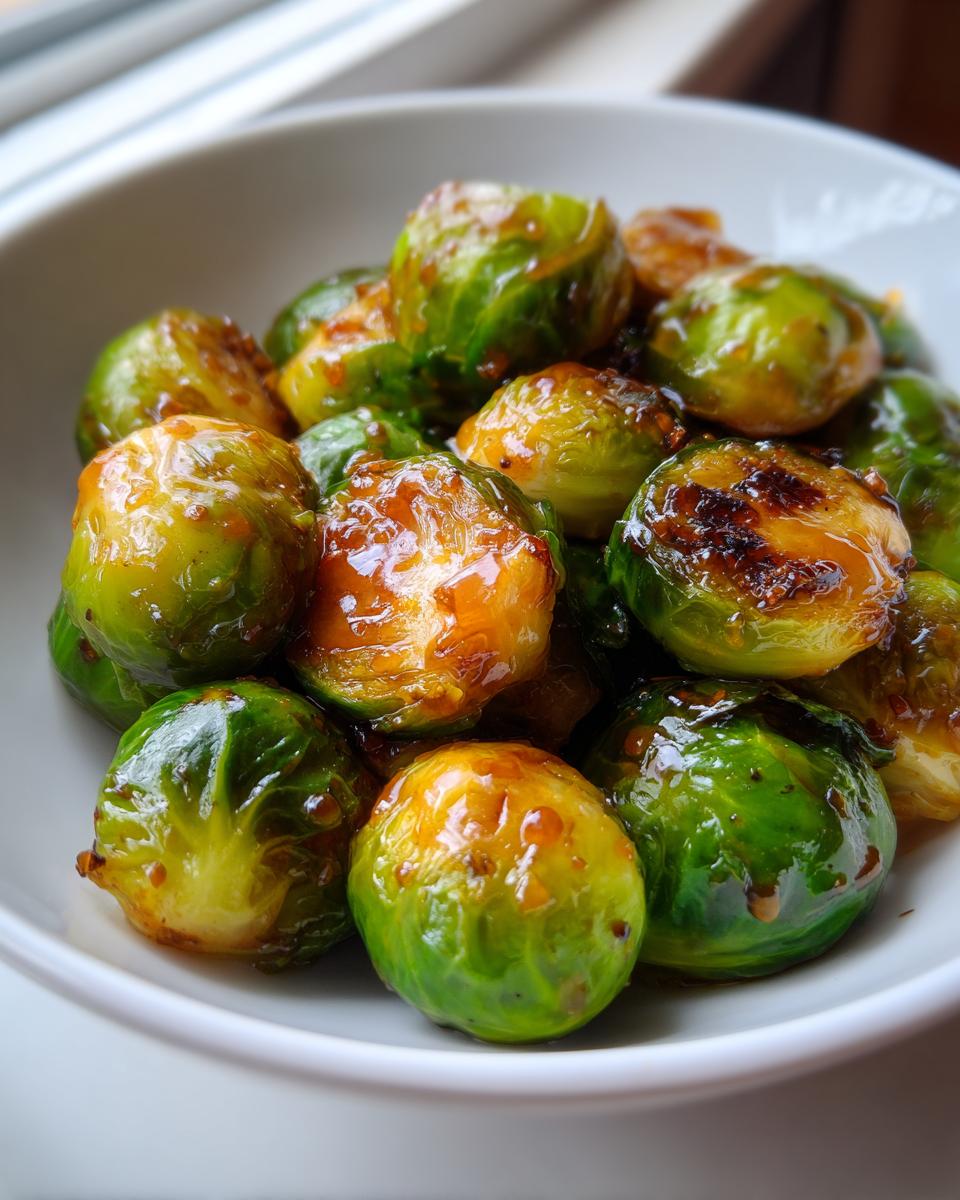 Close-up of vibrant green Brussels sprouts coated in a shiny Orange Maple Glazed Brussels Sprouts sauce in a white bowl.