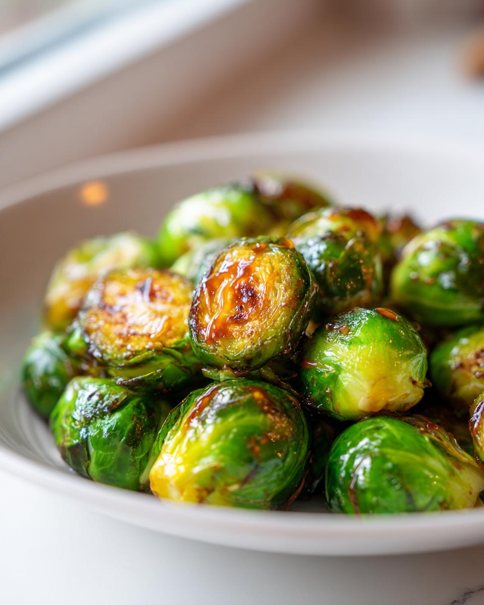 A bowl filled with glossy, caramelized Orange Maple Glazed Brussels Sprouts, showing bright green color and dark glaze.