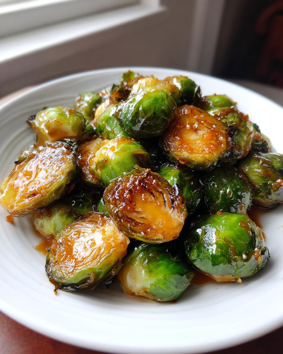 Close-up of vibrant green Orange Maple Glazed Brussels Sprouts coated in a shiny, caramelized glaze served in a white bowl.
