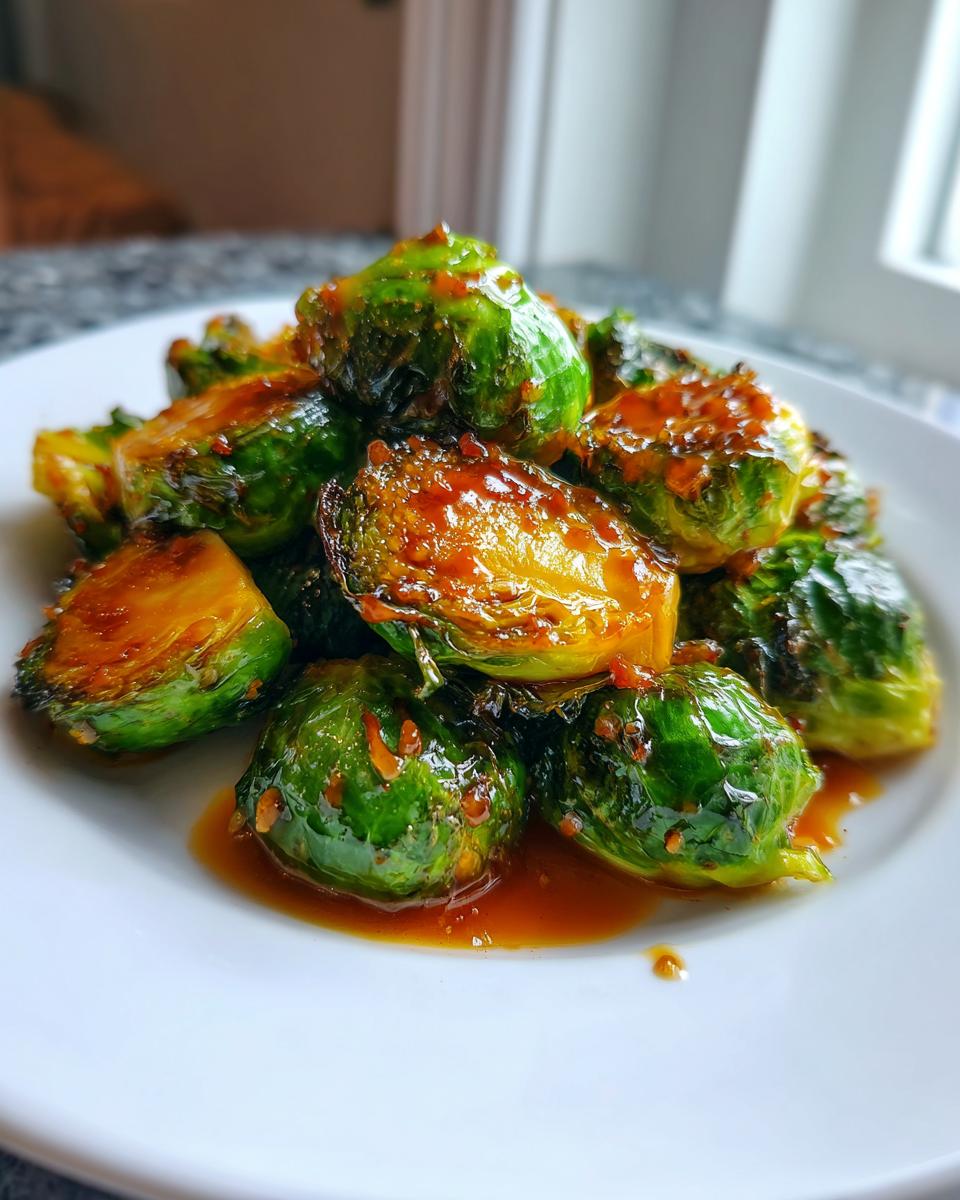 Close-up of roasted Orange Maple Glazed Brussels Sprouts coated in a shiny, savory orange sauce on a white plate.