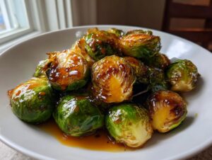 Close-up of roasted Orange Maple Glazed Brussels Sprouts coated in a shiny, dark amber sauce, served in a white bowl.