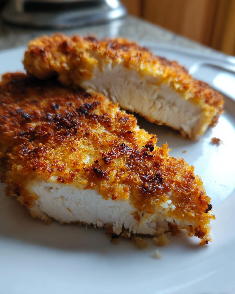 Close-up of parmesan crusted chicken cut in half, showing juicy white meat and golden-brown crust.