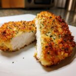 Close-up of parmesan crusted chicken cut in half showing juicy white meat inside.