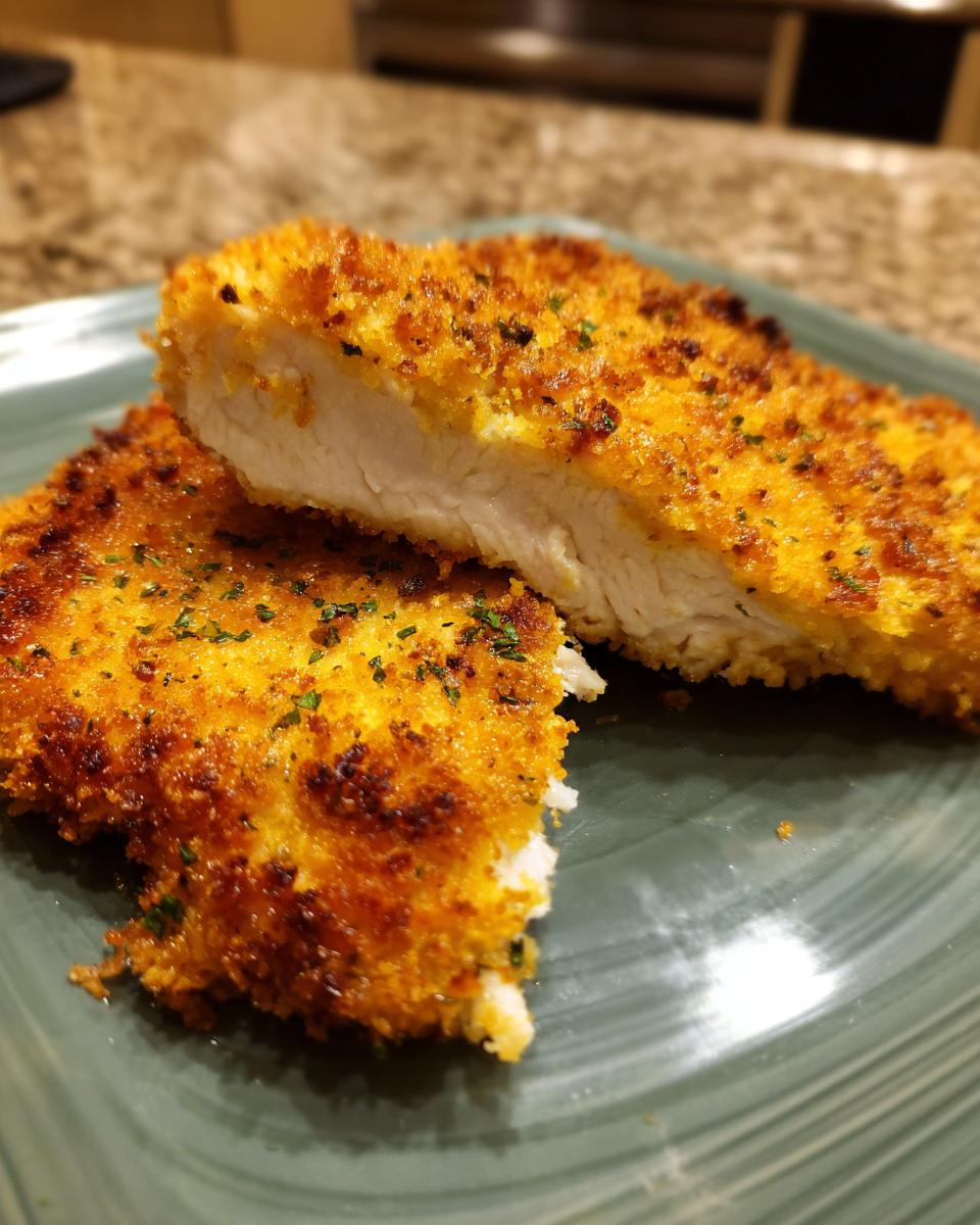 Close-up of parmesan crusted chicken cut in half, showing the juicy white interior and golden crust.