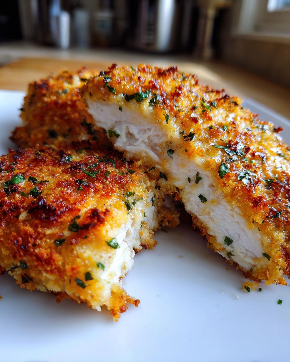 Close-up of juicy parmesan crusted chicken, cut to show the white interior and golden, herbed crust.
