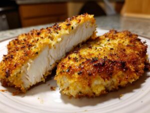 Close-up of juicy parmesan crusted chicken cut in half showing the white interior.