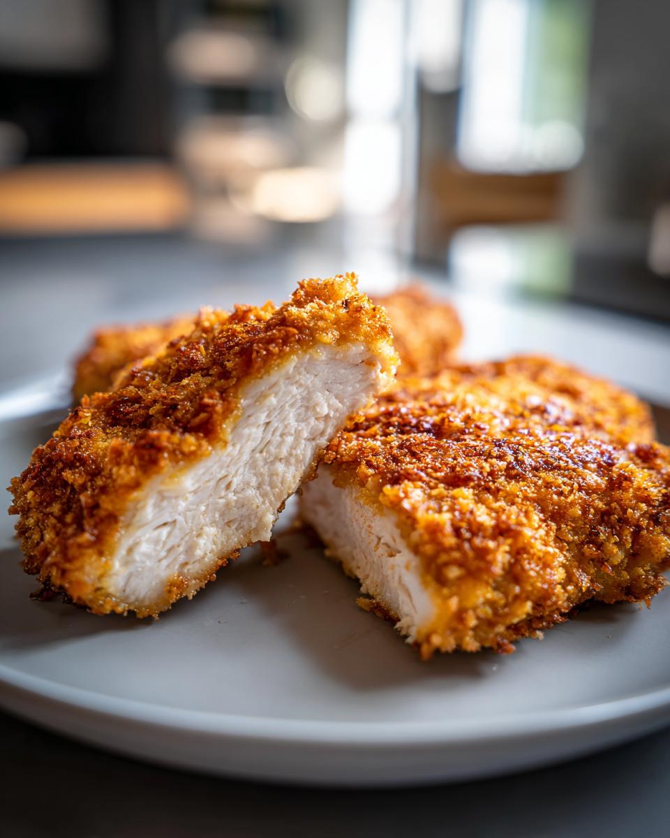 Close-up of juicy parmesan crusted chicken cut open, showing the white interior and crispy golden breading.