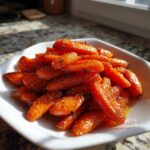 A close-up of shiny, glazed Roast Honey Garlic Butter Carrots piled high in a white square bowl.