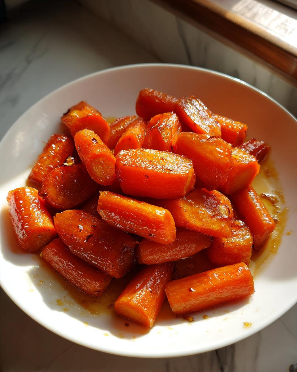 Close-up of glossy, glazed Roast Honey Garlic Butter Carrots served in a white bowl, glistening under sunlight.