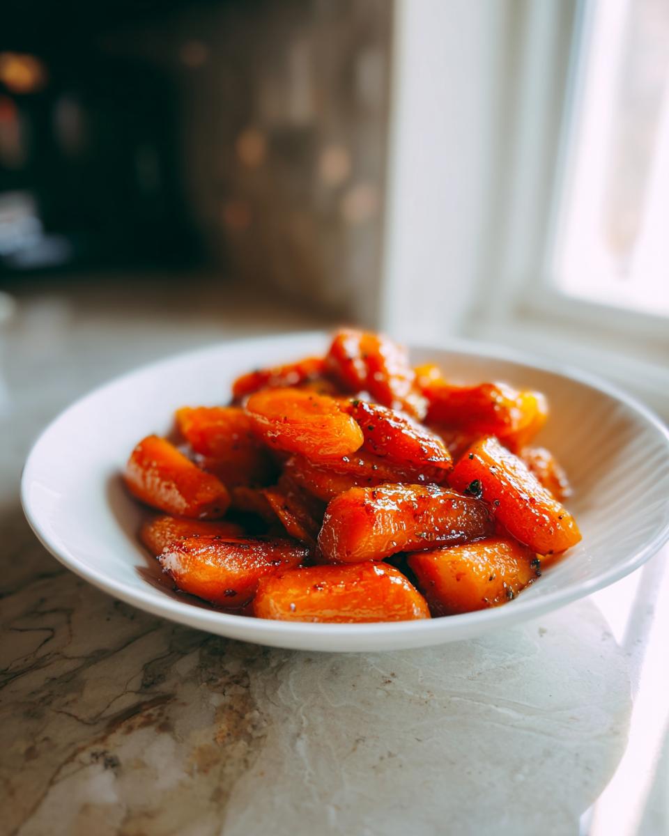 Close-up of glistening Roast Honey Garlic Butter Carrots served in a white bowl on a marble countertop.