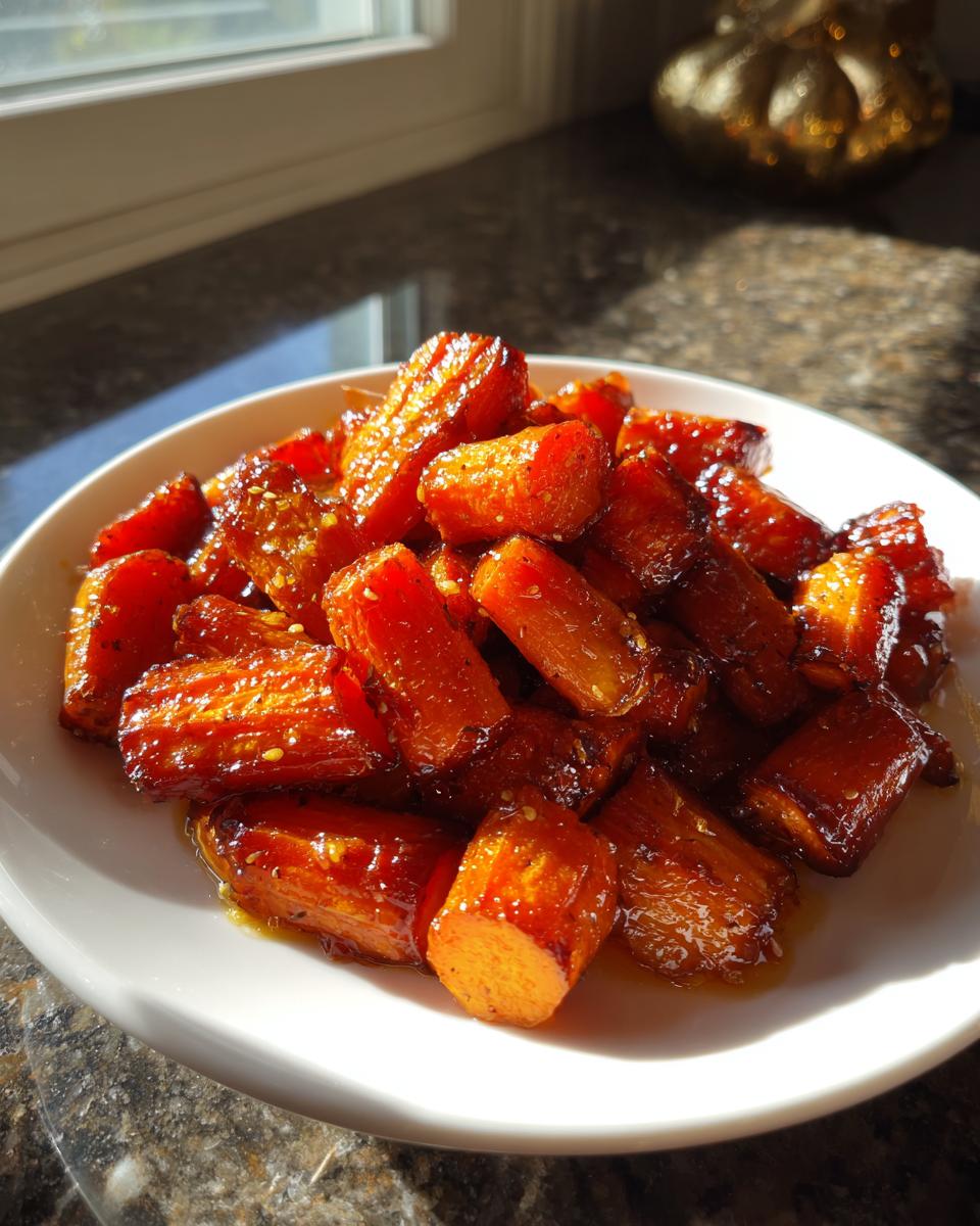 A white plate piled high with glistening Roast Honey Garlic Butter Carrots, reflecting sunlight.