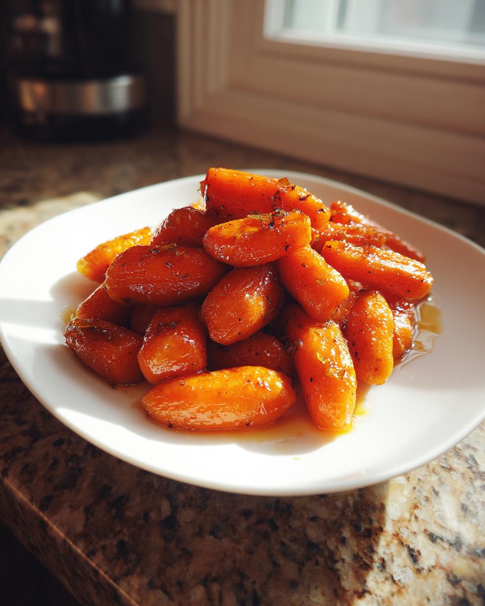 A pile of glistening Roast Honey Garlic Butter Carrots served on a white plate, catching sunlight.