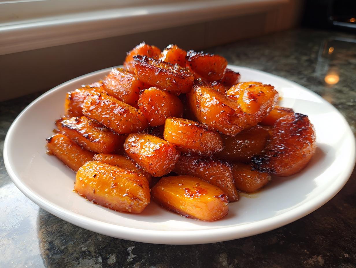 Close-up of perfectly glazed Roast Honey Garlic Butter Carrots piled high on a white serving dish.