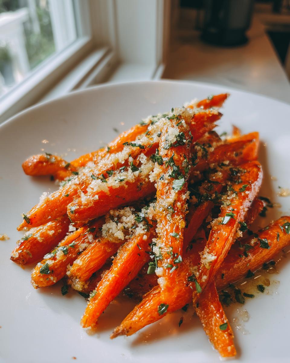 Close-up of bright orange Roasted Parmesan Garlic Carrots topped with grated cheese and herbs on a white plate.