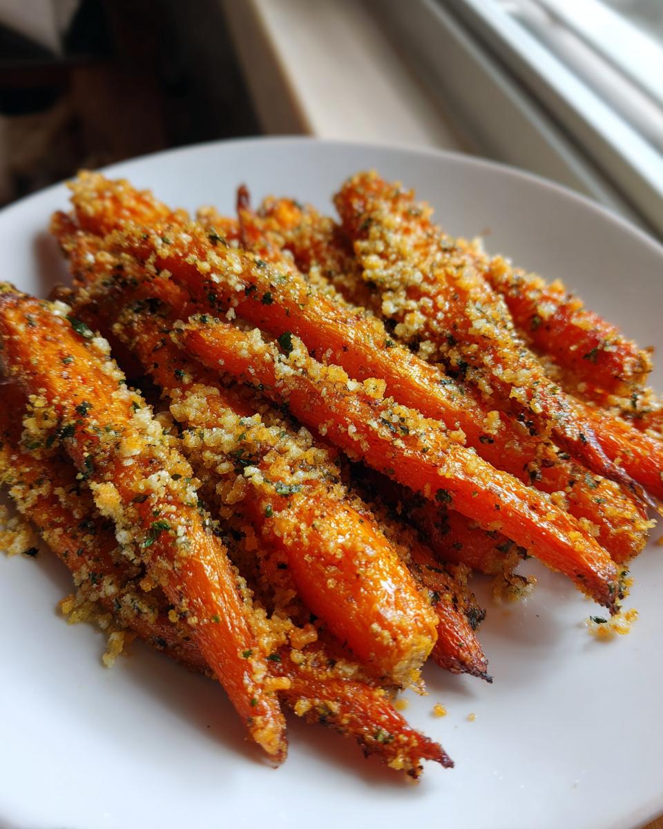 A close-up of bright orange Roasted Parmesan Garlic Carrots piled on a white plate, coated in crispy breadcrumbs.