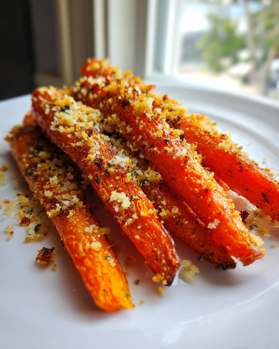 Close-up of perfectly cooked Roasted Parmesan Garlic Carrots, topped with a crispy Parmesan and herb crust.