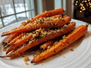 A close-up of glossy, bright orange Roasted Parmesan Garlic Carrots piled high on a white plate, topped with crunchy breadcrumbs.