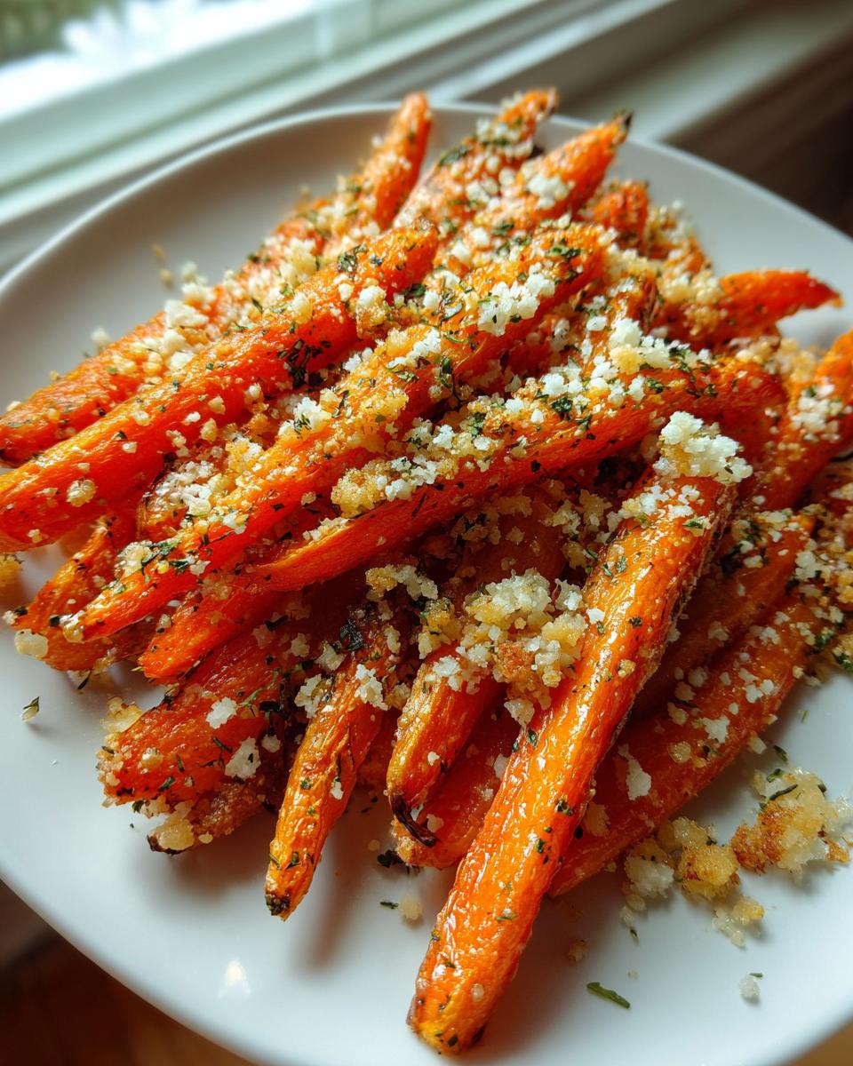 Close-up of bright orange Roasted Parmesan Garlic Carrots piled high on a white plate, heavily topped with grated cheese and herbs.