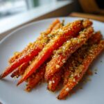 Close-up of perfectly Roasted Parmesan Garlic Carrots piled on a white plate, showing crispy, seasoned coating.