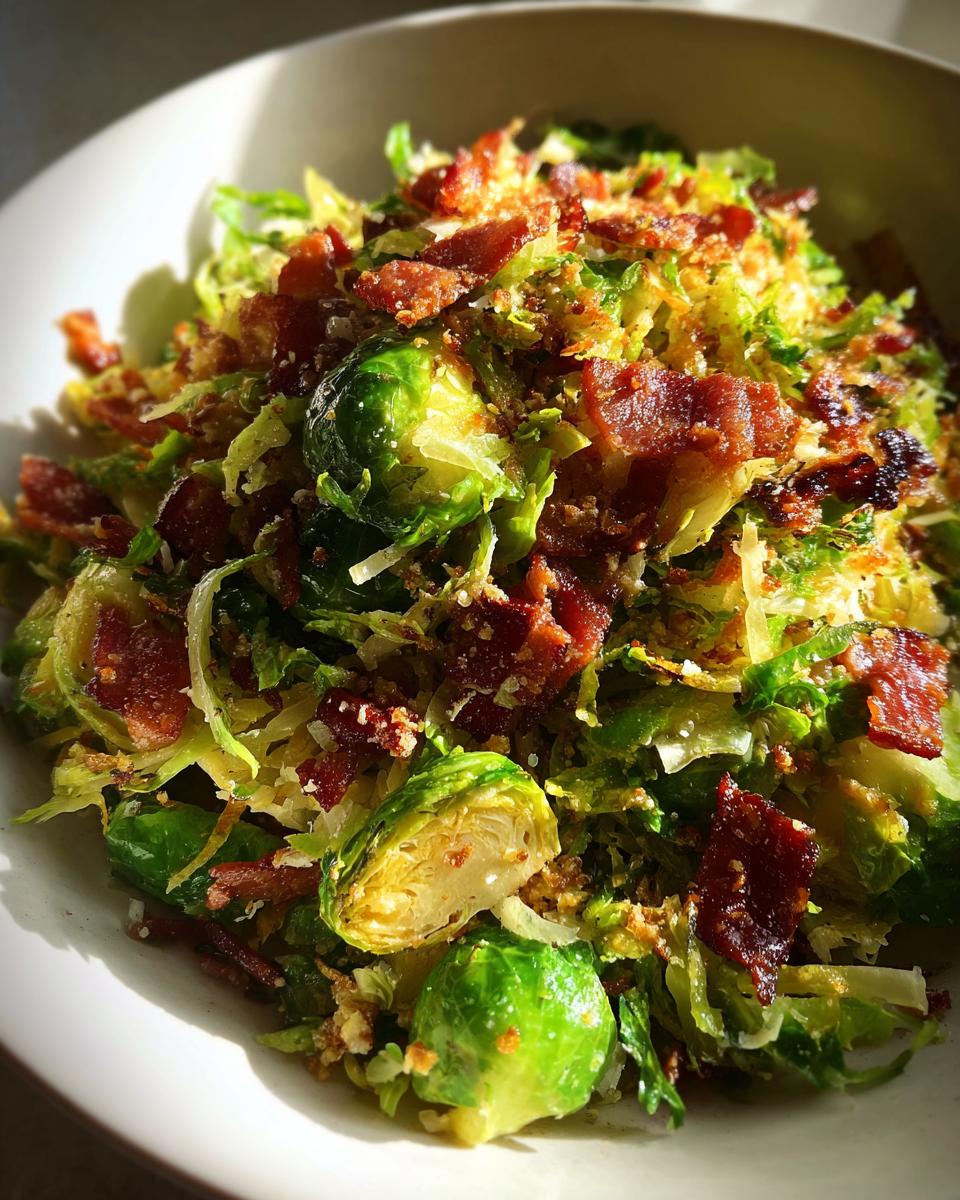 Close-up of Sautéed Shredded Brussels Sprouts topped with crispy bacon pieces in a white bowl.
