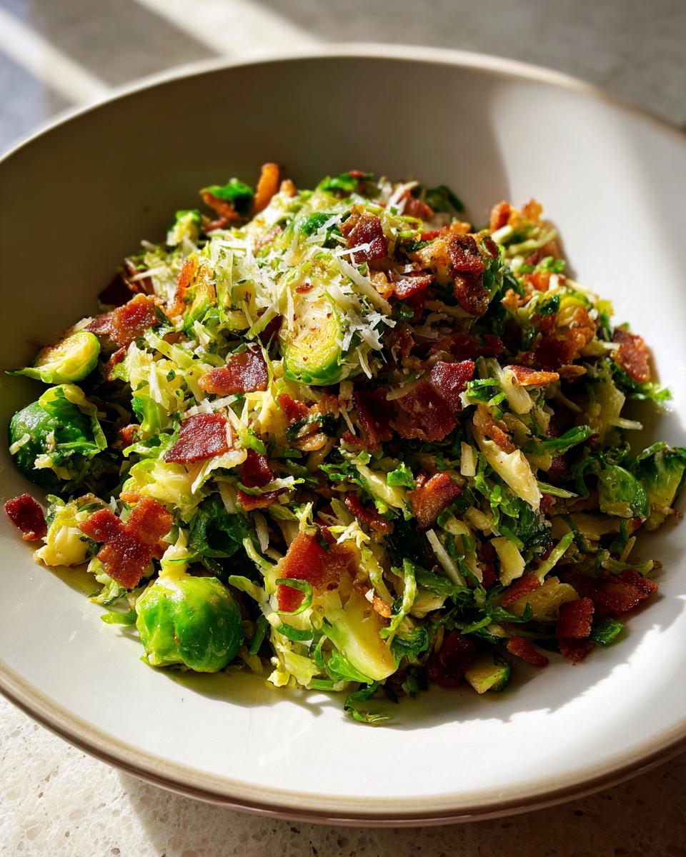 A bowl of Sautéed Shredded Brussels Sprouts topped generously with crispy bacon pieces and grated Parmesan cheese.