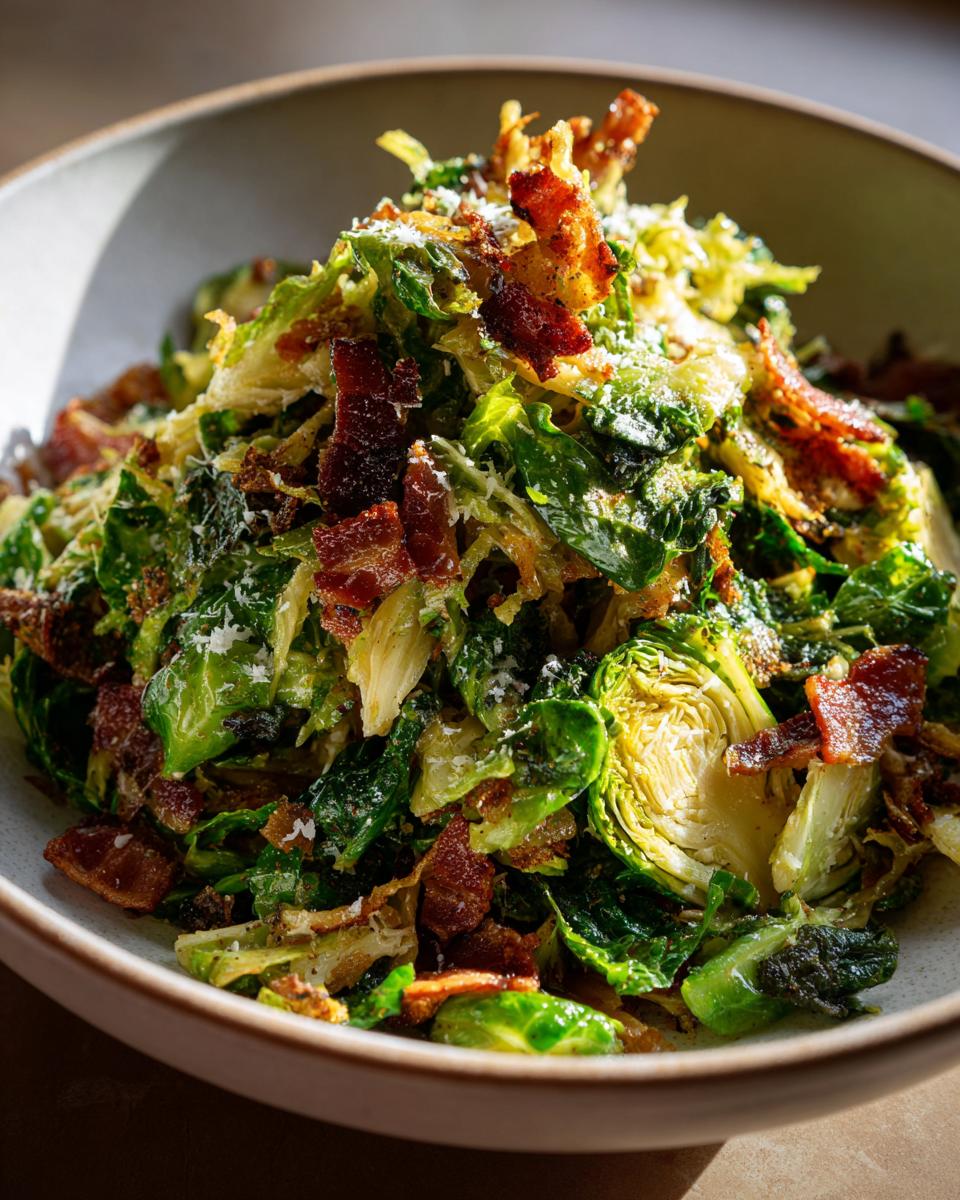 A close-up of Sautéed Shredded Brussels Sprouts mixed with crispy bacon pieces and topped with grated cheese.