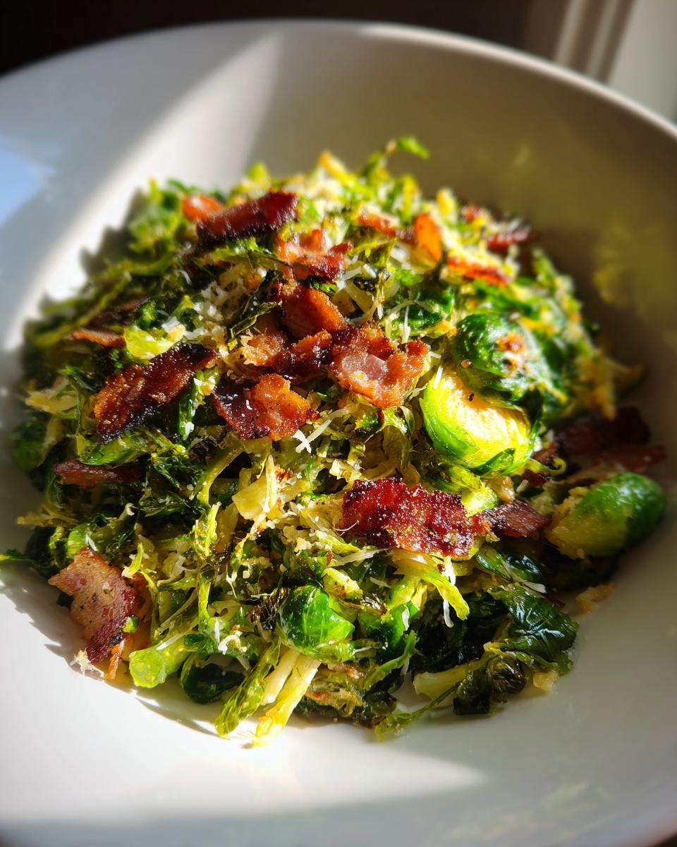 A bowl of Sautéed Shredded Brussels Sprouts topped with crispy bacon pieces and grated cheese.