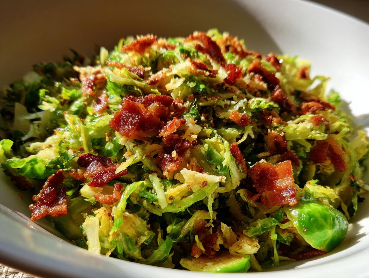 Close-up of Sautéed Shredded Brussels Sprouts topped generously with crumbled, crispy bacon pieces.