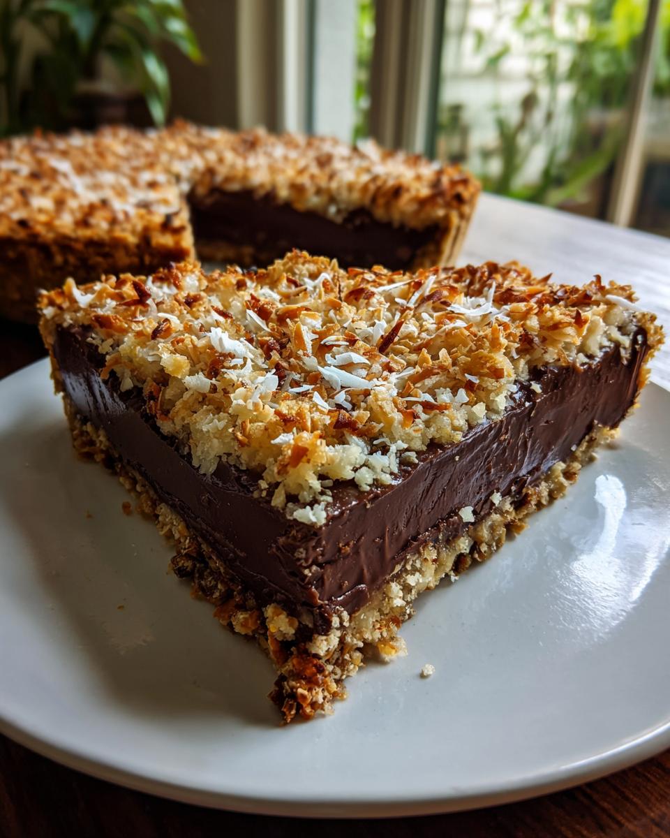 A close-up slice of decadent german chocolate pie featuring a thick chocolate filling and toasted coconut topping, with the rest of the pie blurred in the background.