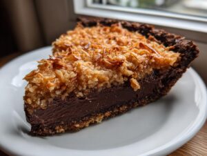 A close-up slice of german chocolate pie showing a dark chocolate filling and a thick, toasted coconut pecan topping.