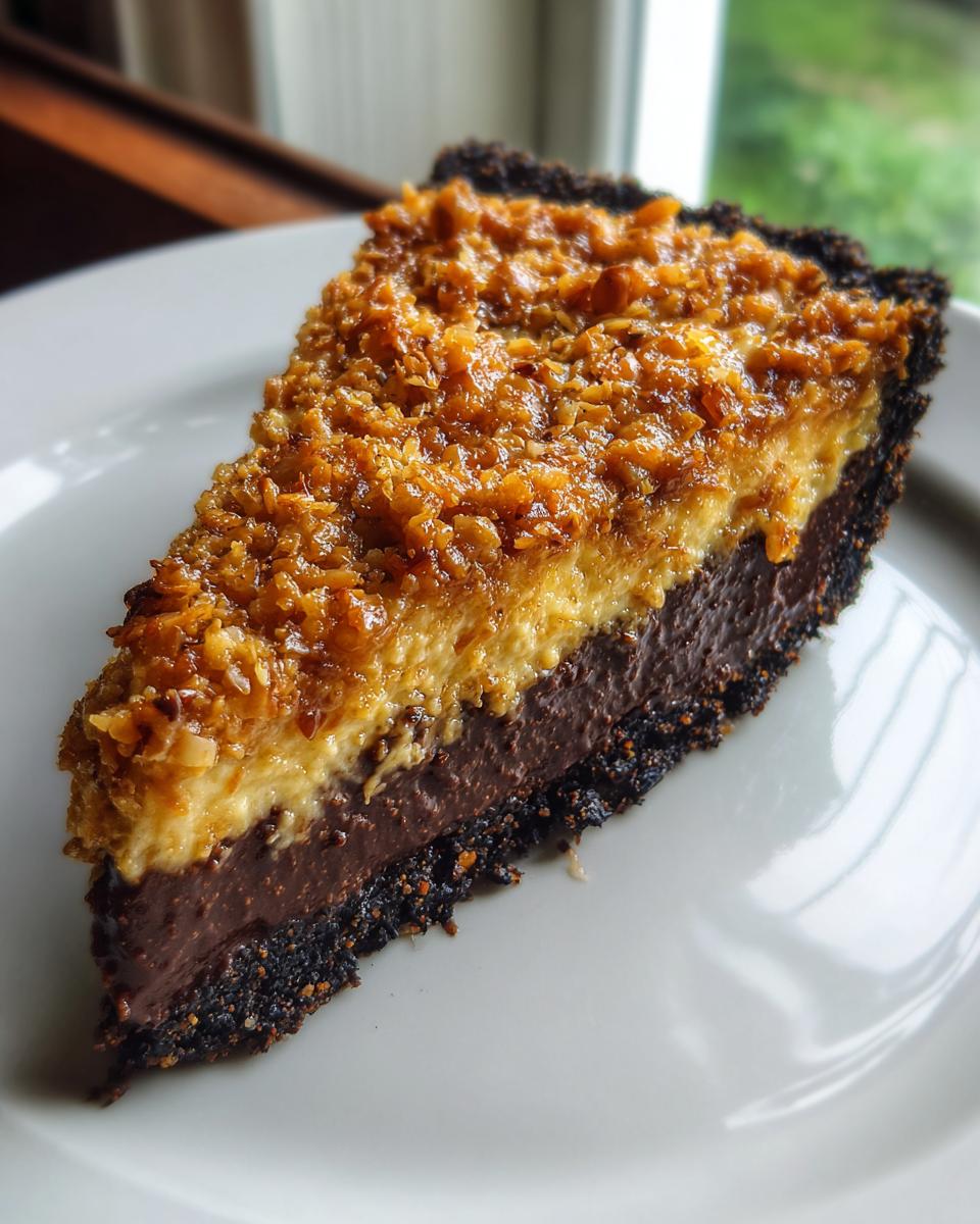 A close-up of a slice of german chocolate pie showing a dark chocolate layer and a toasted coconut topping.