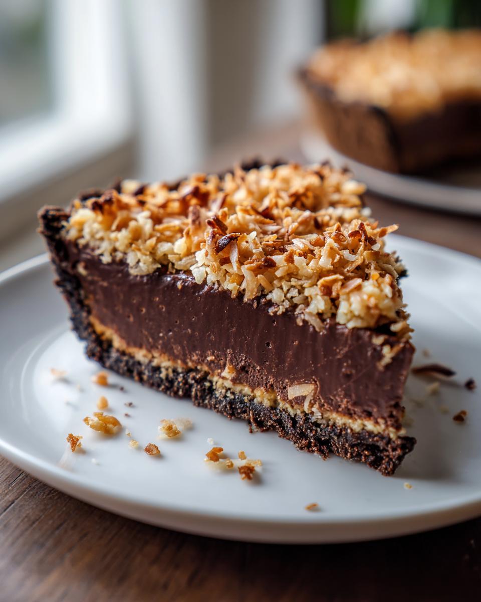 A decadent slice of german chocolate pie featuring a dark chocolate filling and a thick topping of toasted coconut flakes.