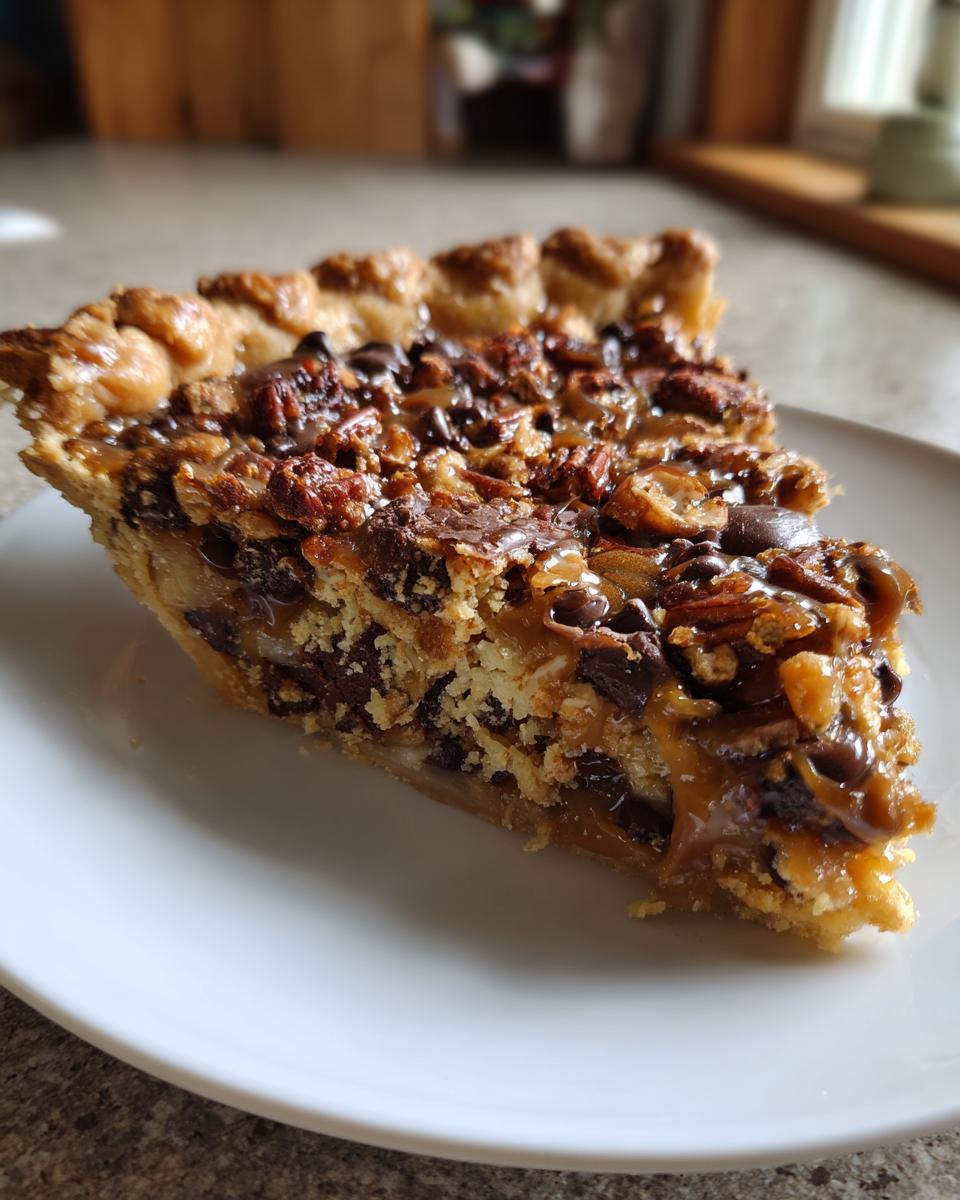 Close-up of a rich slice of texas trash pie showing pecans, chocolate chips, and gooey caramel filling on a white plate.