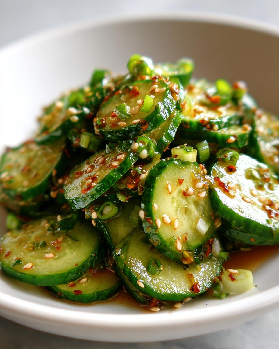 Close-up of vibrant asian cucumber salad slices tossed in a savory dressing with sesame seeds and green onions.