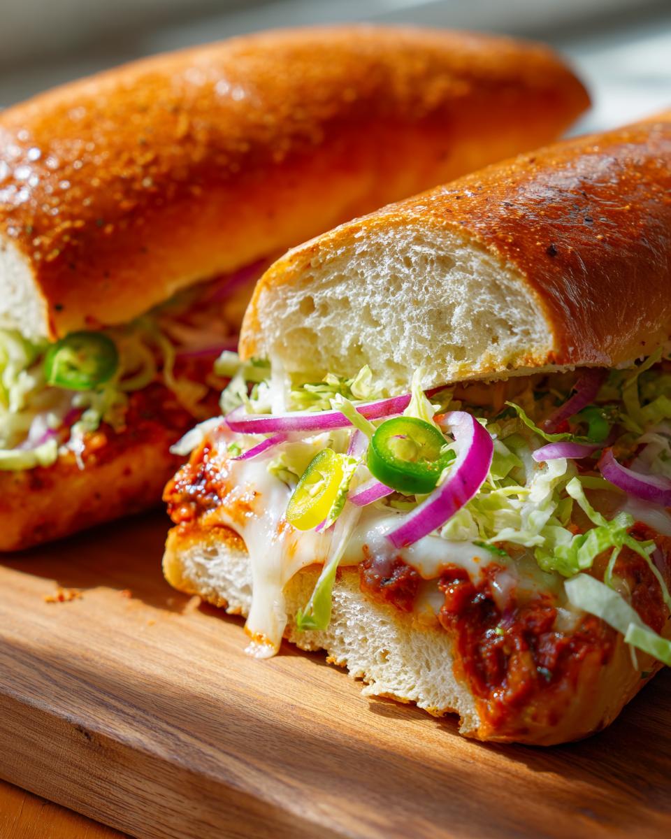 Two halves of a delicious grinder slider sandwich showing melted cheese, red sauce, shredded lettuce, red onion, and jalapeño slices.
